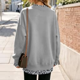 Fake Two-Piece Women Sweatshirts With Side Slit Leopard Print Long Sleeve Oversize Sweatshirts Autumn Casual Round Neck Pullover