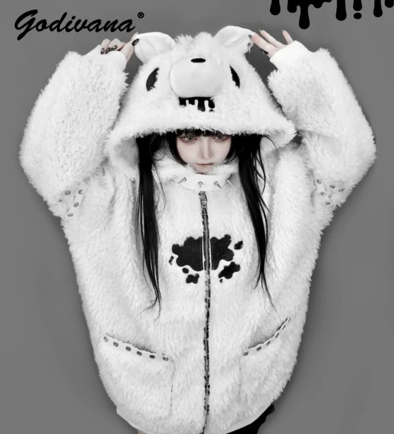 Japanese Gothic Hooded Plush Coat New Autumn Winter Subculture Cool Girl Women's Punk Rivet Lamb Wool Hoodie Jacket Zipper Coat