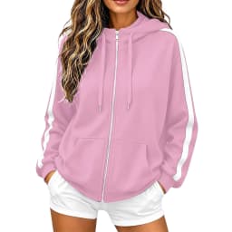 Women Striped Sleeve Zip Up Hoodie Drawstring Hooded Sweatshirt Long Sleeve Pocket Loose Oversized Casual Color Block Jacket Y2k