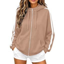 Women Striped Sleeve Zip Up Hoodie Drawstring Hooded Sweatshirt Long Sleeve Pocket Loose Oversized Casual Color Block Jacket Y2k