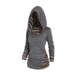 Dressfo Women's Hoodie Tops Tribal Geometric Stripe Panel Hooded Knit Top Long Sleeve Mock Button Knitted Top