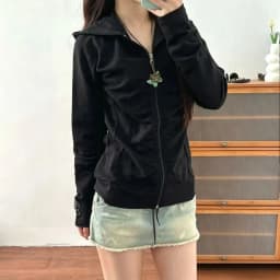 Y2K Retro Casual Pleated Sweatshirt Women Harajuku Black Slim Zip Up Hooded Jacket Long Sleeve Hoodie Gothic Yoga Workout Hoodie