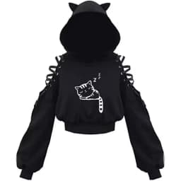 Y2k Gothic Womens Hoodie Cat Ear Crop Top Hooded Sweatshirt Hollow Out Lace Up Long Sleeve Hodded Sping Autumn Casual Pullover