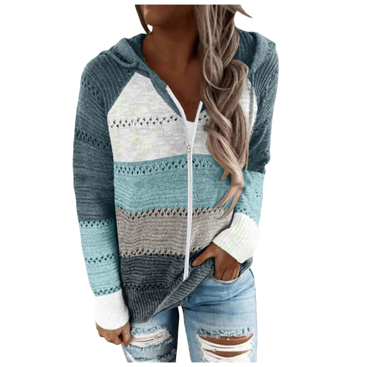 Women Color Block Knitted Jacket Zipper Hooded Coat With Pockets 2024 Autumn And Winter Fashion Sweater Sweatshirts Outerwear