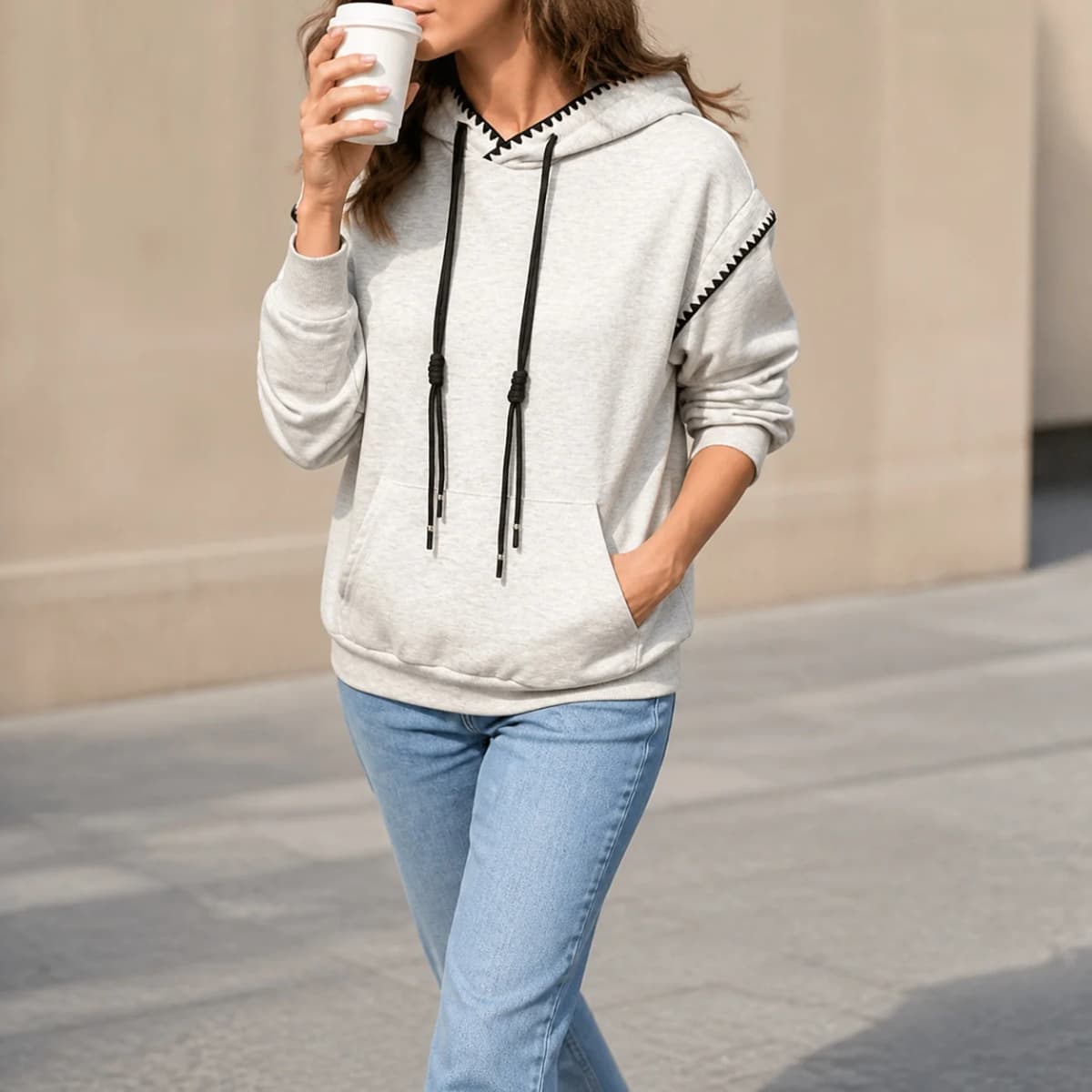 Women's Oversized Color Block Long Sleeve Hoodie Korean Style Contrast Trim Casual Sweatshirt with Black Rope Drawstring Front