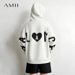 Amii Women's Hooded Letter Print Sweatshirt Loose Drop Shoulder Casual Pullover Autumn 2026 Knit Tops for Women 12643092