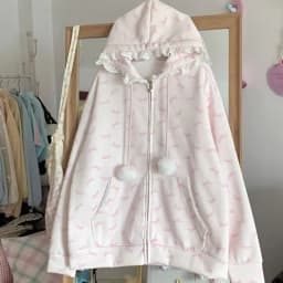 Y2k Aesthetic Casual Loose Zipper Sweatshirts Japanese Vintage Rabbit's Ears Hoodies Women Harajuku Grunge Lace Patchwork Hoody