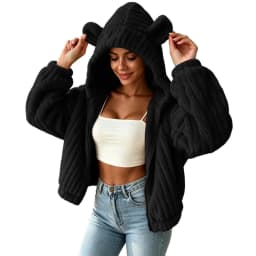 Fuzzy Fleece Zip Up Hoodies Women Cute Bear Oversized Hooded Sweatshirts Winter Plush Jackets Cute Funny Casual Hoodies Outwear
