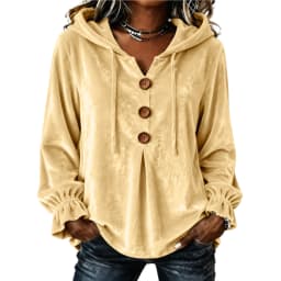 Women Hooded Sweatshirt V Neck Buttons Drawstring Long Sleeve With Pockets Hoodies Loose Pleated Curved Hem Autumn Sweatshirts