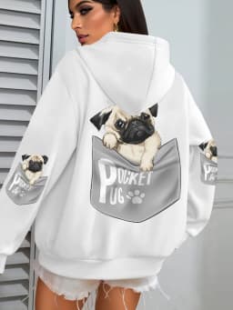 Pocket Pug Hoodies Women Cartoons dog Prints Hooded Loose Pockets Sweatshirts Winter Fleece Warm Tops Street Black Woman Clothes