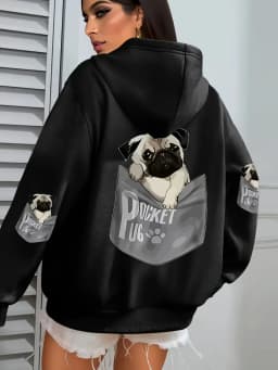 Pocket Pug Hoodies Women Cartoons dog Prints Hooded Loose Pockets Sweatshirts Winter Fleece Warm Tops Street Black Woman Clothes