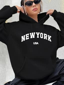 Women's autumn and winter warm and loose casual New York USA letter printed suede long sleeved hooded sweatshirt