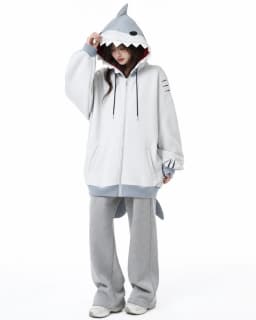 Womens Grey Shark Hood Zip Up Hoodie Oversized Heavy Detail Streetwear Casual Fashion Sweatshirt Top Loose Fit Soft Cotton Y2K