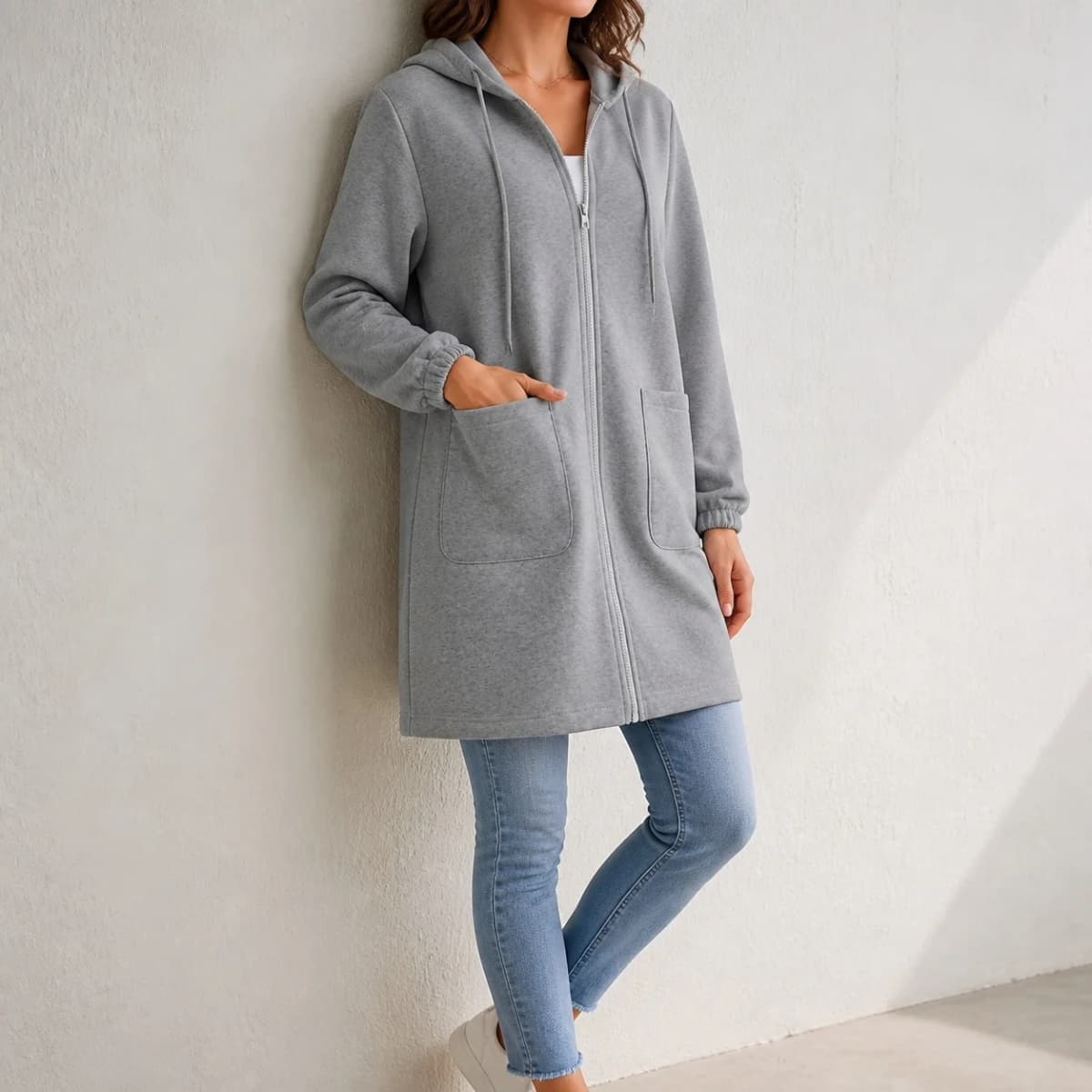 Women's And Women Zip-Up Hoodie Thick Loose Fit Long Sleeve Mid Length Casual Basic Zipper Sweatshirt Regular Sleeve with Front