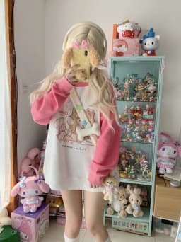 Cute Mikko Cartoon Print round Ne Sweatirt Pink Splice Long Sve Loose Slimming Thiened Versatile Top for Autumn