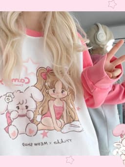 Cute Mikko Cartoon Print round Ne Sweatirt Pink Splice Long Sve Loose Slimming Thiened Versatile Top for Autumn
