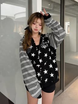 Aoaiiys Star Print Hoodies Women Streetwear Y2k Zipper Hoodie Embroidery Letter Streetwear Hooded Striped Patchwork Sweatshirts