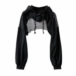Women's Slim Fit Mesh Hoodie Hollow out Dance Streetwear Short Length Versatile Fashionable Belly Baring Hoodie