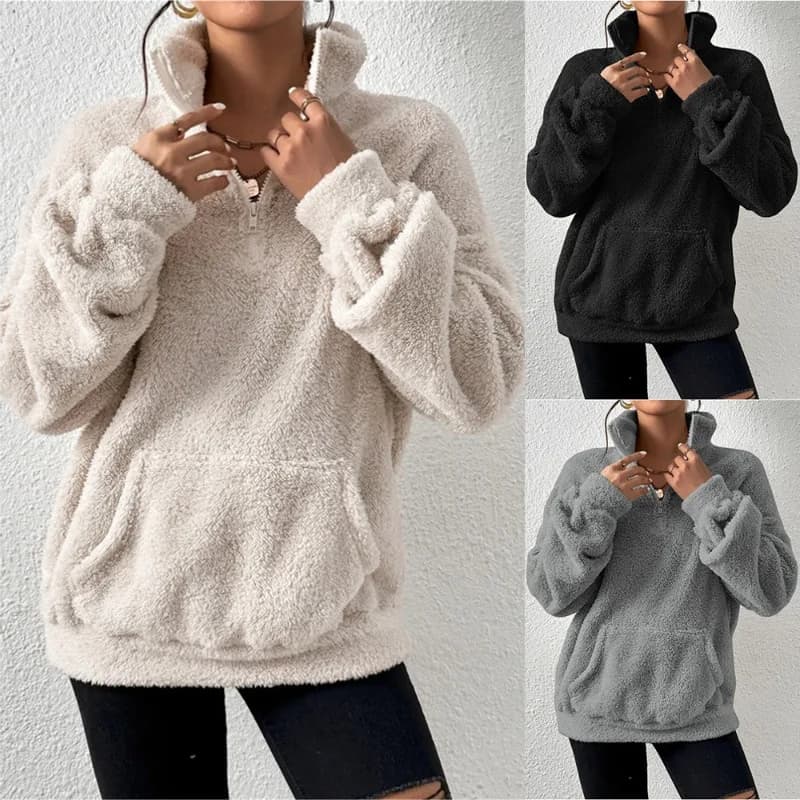 2026 Autumn Winter New Plush Thick Women's Stand Up Collar Half Zipper Pullover Fashion Casual Loose Large Pocket Sweatshirt