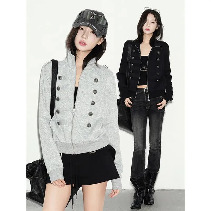 New Vintage Napoleon Style Women Jacket Stand Collar Double Breasted Decor Button Epaulet Zip‑Up Short Sweatshirt Coat