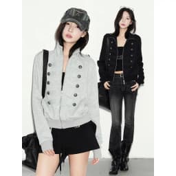 New Vintage Napoleon Style Women Jacket Stand Collar Double Breasted Decor Button Epaulet Zip‑Up Short Sweatshirt Coat