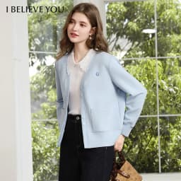 I BELIEVE YOU Blue V‑Neck Embroidery Sweatshirt Coat for Women 2026 Autumn Commuter Loose Versatile Cotton Outerwear 2263186492