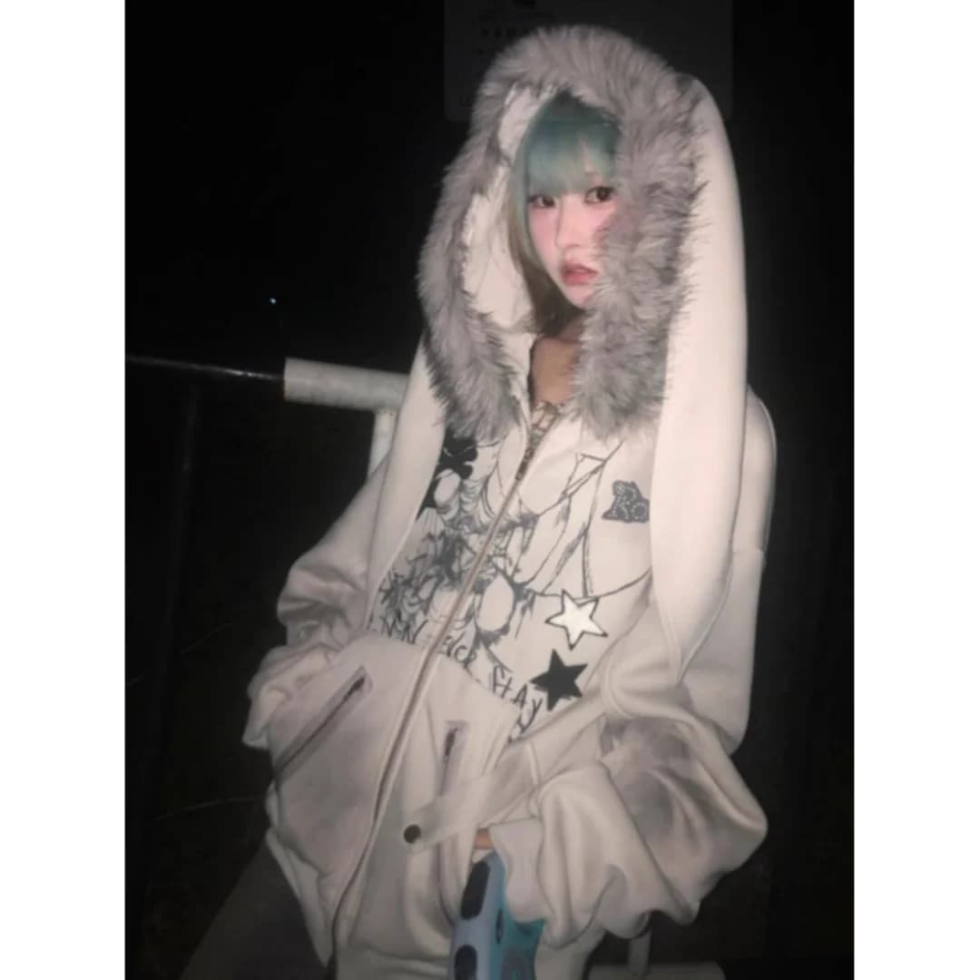 Subculture Faux Coats Women Graphic Jacket Hooded Fleece Fur Hoodie Edgy American Retro Street Style Y2K Fashion Top Sweatshirt