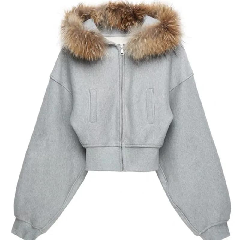 American Vintage Grey Hooded Jacket Women Faux Fur Collar Cropped Zip Up Sweatshirt Fashion Slim Fit Thickened Winter Coat New