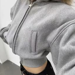 American Vintage Grey Hooded Jacket Women Faux Fur Collar Cropped Zip Up Sweatshirt Fashion Slim Fit Thickened Winter Coat New