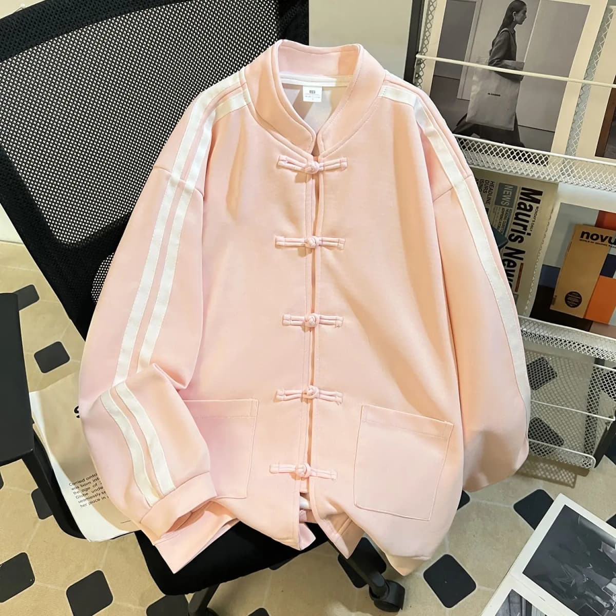 Fashionable Loose Baseball Jacket Women's Sweatshirt Button Design Autumn Winter Outerwear Comfortable Fit round Neck Long Sl...