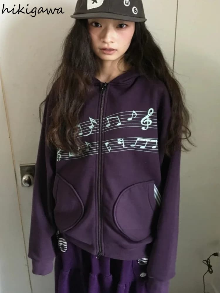 2026 Women's Clothing Korean Zip-up Hoodies Jackets Ropa Mujer Chic Y2k Tops Hooded Print Pockets Casual Fashion Hoodie Coats