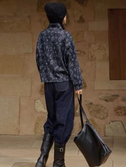 Women's Vintage Jacquard Denim Sweatshirt Half Zip Stand Collar Floral Print Coat Loose Fit Boho Chic Fall Winter Outerwear Top