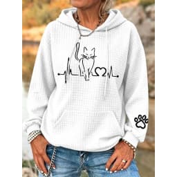 ilstile Women's Cat Print Hoodies Autumn Winter Long Sleeve Casual Outdoor Hooded Hoodies Sports Sweatshirts White