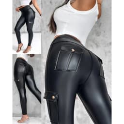 Sexy Cargo Pockets Faux Leather Leggings for Women Shaping High Waist Slimming Exercise Pants Running Yoga Sports Christmas Gift