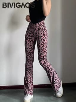 BIVIGAOS Spring Summer Leopard Print Flared Leggings Women Sharkskin High Waist Tight Sport Pilates Sexy Fitness Horseshoe Pants