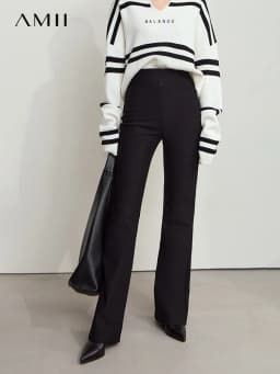 AMII Minimalist Casual Comfortable Flared Leggings for Women Embroidered Fleece Slimming Black Pant Lady 2024 Winter 12424095