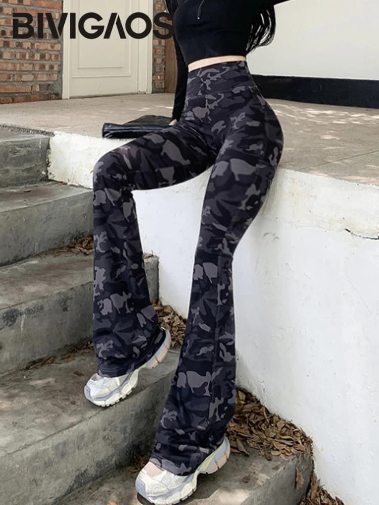 BIVIGAOS 2026 Spring New Camouflage Micro Flared Leggings Women High Waist Slim Fit Fashion Camo Sport Yoga Elastic Flared Pants