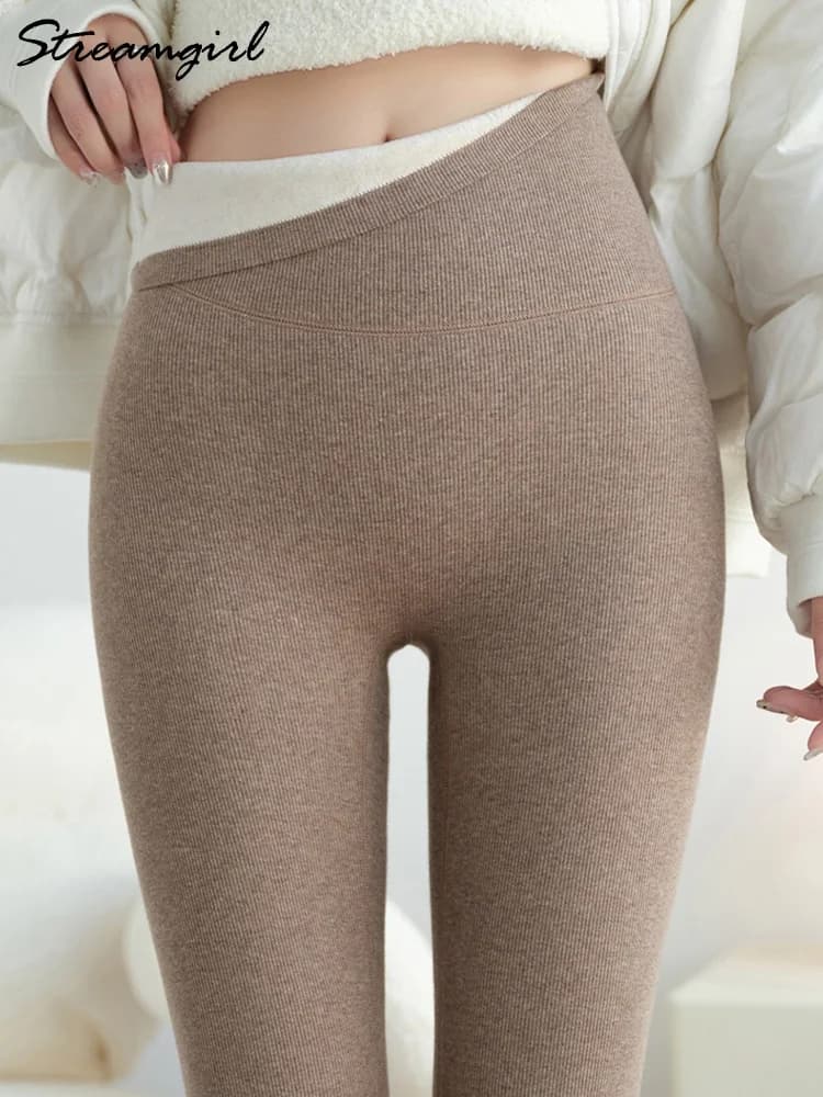 Winter Leggings Women Warm Skinny Velvet Pants High Waist Ribbed Tight Thermal Thick Fleece Pants Ladies Bottom Women Leggings