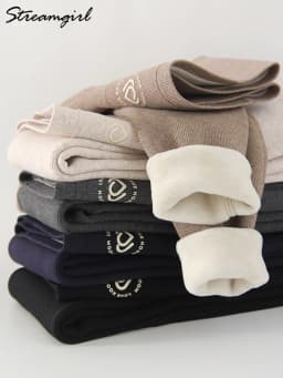 Winter Leggings Women Warm Skinny Velvet Pants High Waist Ribbed Tight Thermal Thick Fleece Pants Ladies Bottom Women Leggings