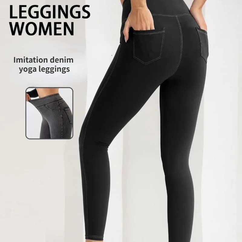 Imitation Denim Yoga Leggings with High Elasticity Slim High Waist Lifted Buttocks Sports and Fitness Fashion Leggings for Women