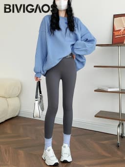 BIVIGAOS Autumn Winter Pink Velvet Shark Leggings Women Fleece High Waist Thick Warm Leggings Gray Casual Sports Yoga Leggings