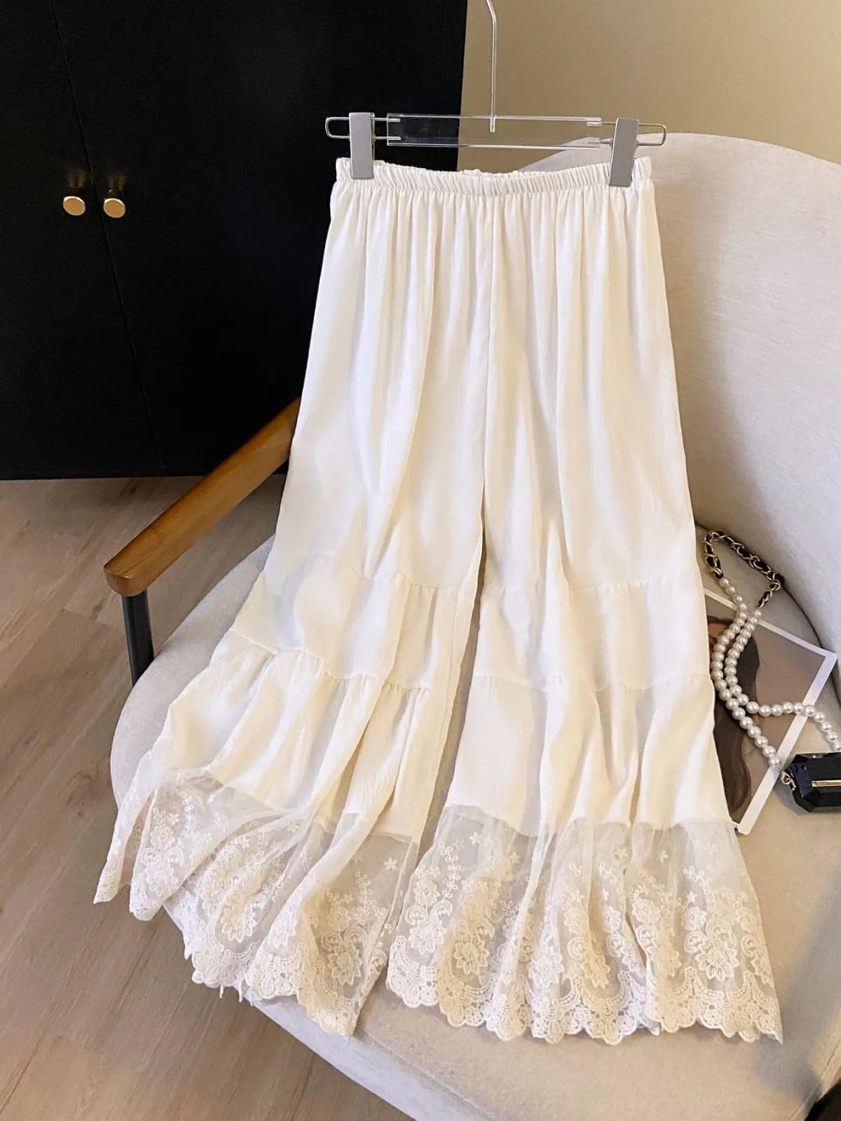 Japanese Style Wide Leg Pants Women's Artistic Loose Waist Draped Lace Splice Underwear Qipao Base Nine Points Pants