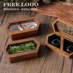 Custom Personalized Octagonal Walnut Wooden Ring Box Box + Black Velvet Pouch Engraved Engagement and Wedding Ring Holder Gift