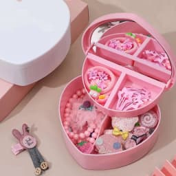 Girls Heart Jewelry Storage Box With Mirror Pink White Plastic Bracelets Hair Band Organizer Girl's Drawer Desk Jewelry Display
