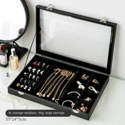 Stylish Black Jewelry Storage Box for Earrings, Necklaces, Rings, Bracelets and Other Accessories with Transparent Glass Cover