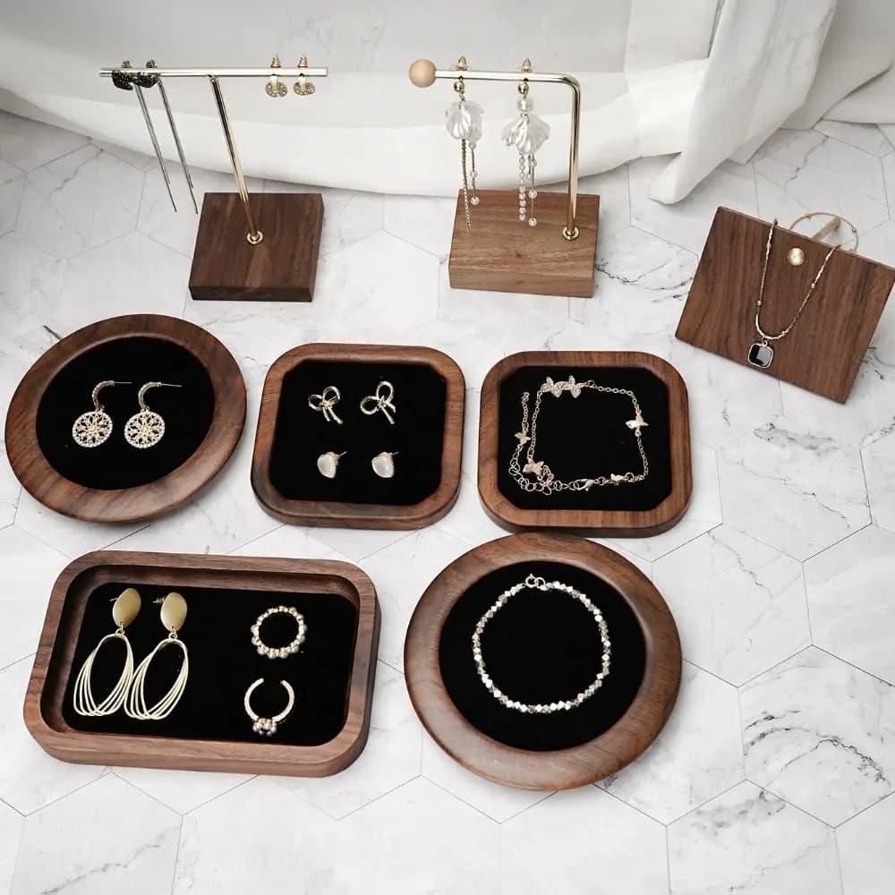 Simple Geometry Wood Rings Tray Exquisite Velvet Earrings Display Tray Jewlery Organizer Ear Studs Case Ring Earring Holder Home