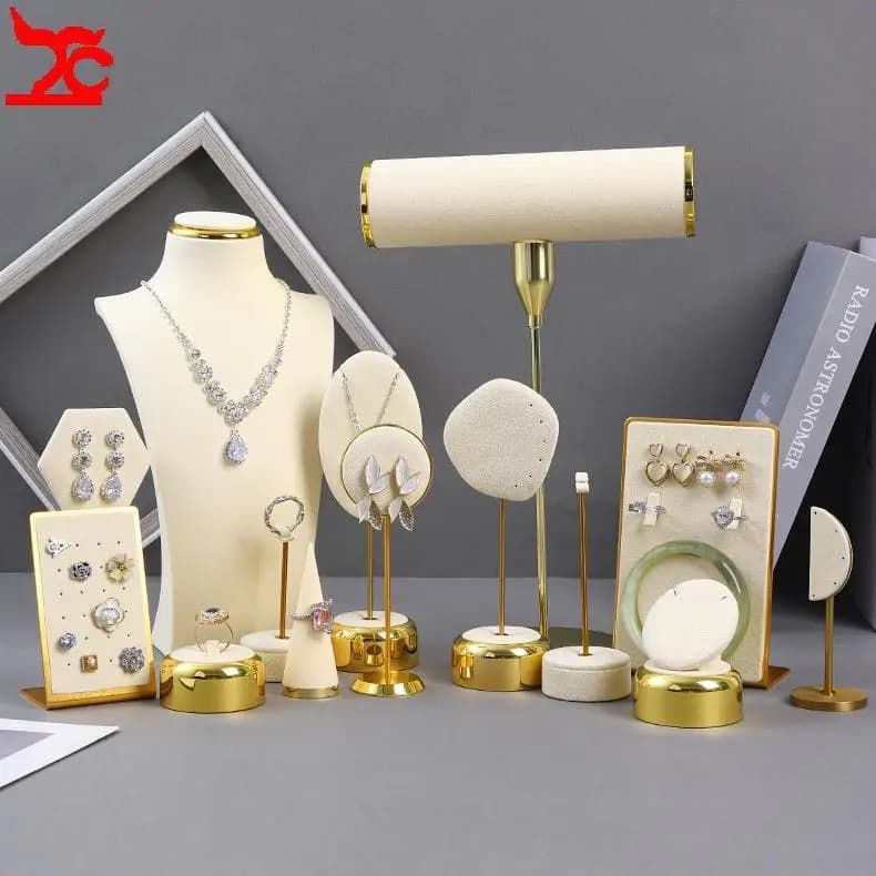 Beige Jewelry Display Props with Metal Base Earring Necklace Organizer Holder Jewelry Counter Earrings Rings Display Stand