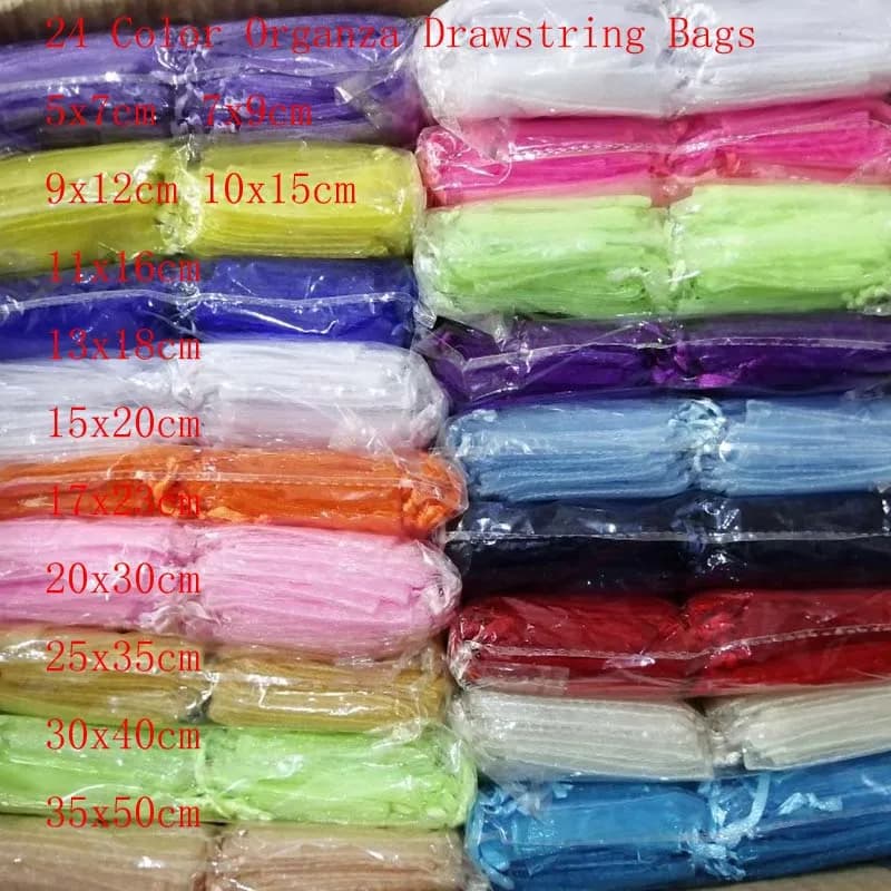100pcs/Lot 24 Color 20x30 25x35 30x40 35x50cm Organza Drawstring Bags& Pouches Jewelry Bags Drawstring Bags Gift Packaging Bags