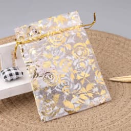 50pcs/lot Jewelry Bag Organza Gift Bag Hot Gold Color Rose Print Gifts Pouches Wedding Christmas Party Candy Jewelry Packing