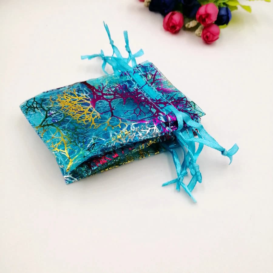 100pcs Blue Coral Organza Bag Drawstring Pouch Bag Organizer Jewelry Box Gift For Wed Christmas Jewelry Display Packaging Bags